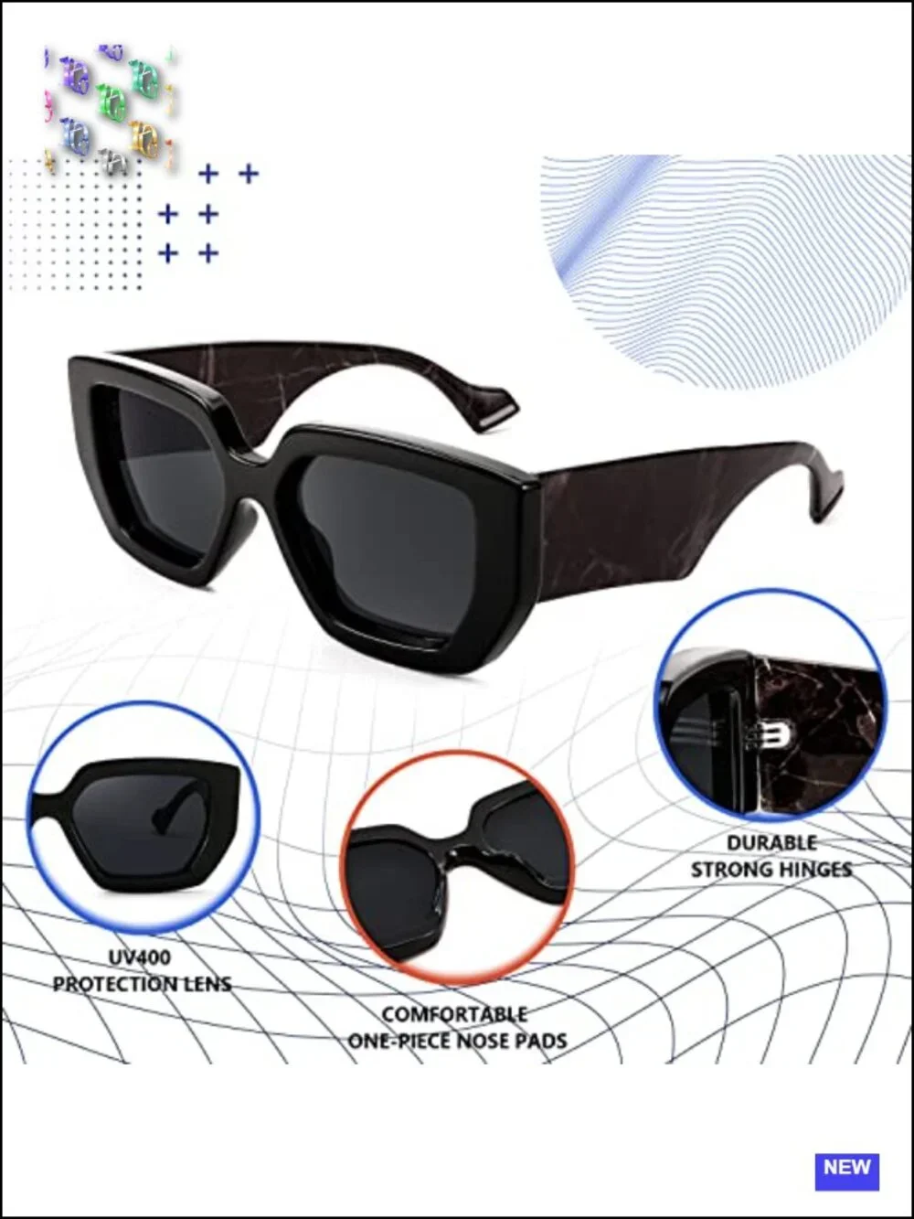 Oversized Thick Frame Square Sunglasses UV400 Protection